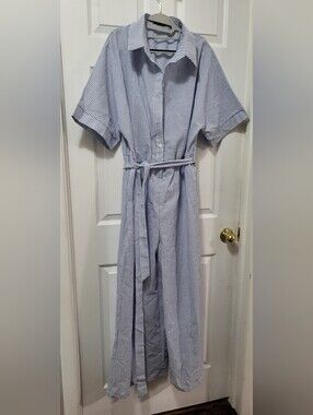 SHEIN Blue and White Striped Short-Sleeve Jumpsuit